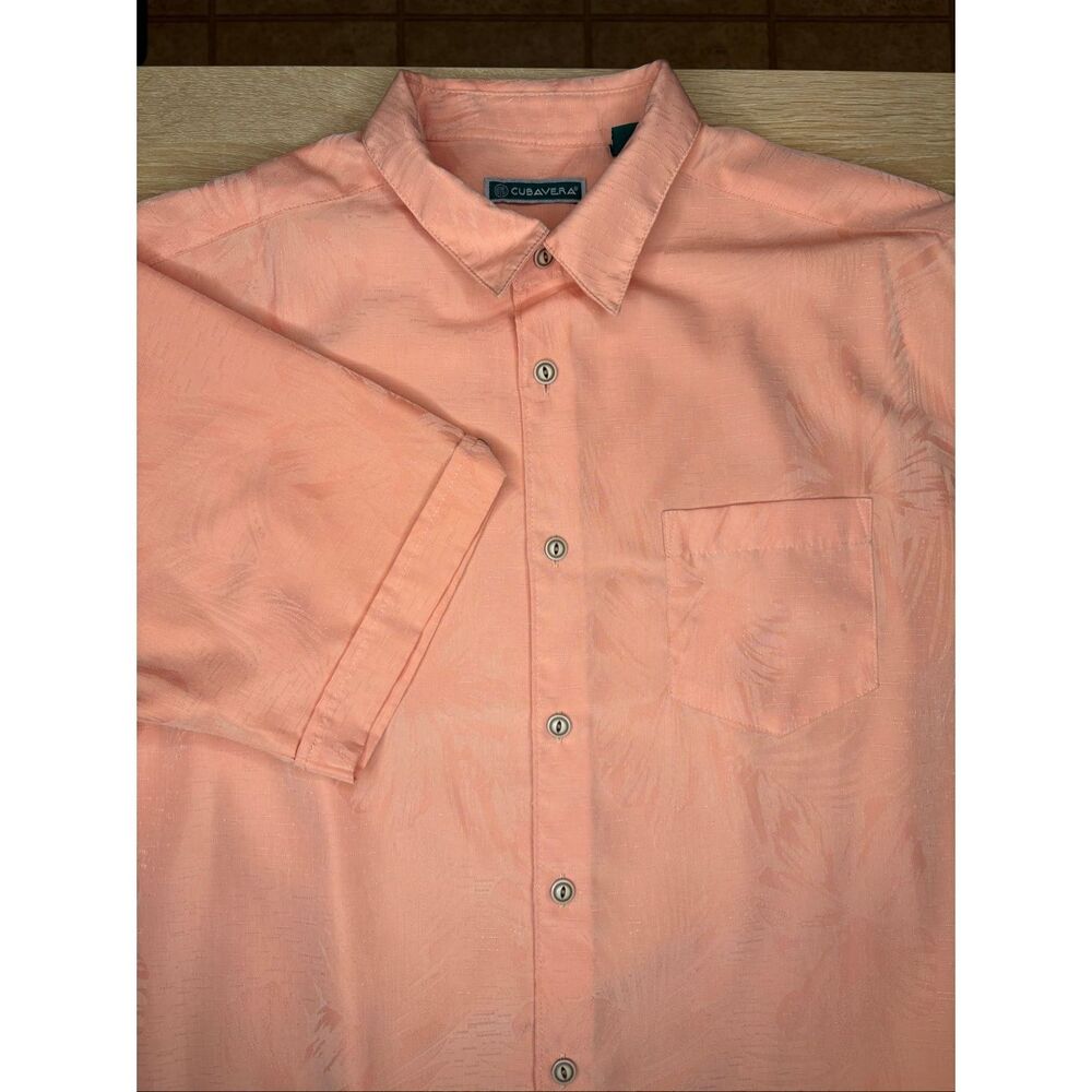 Cubavera Men's Large Peach Tropical Jacquard Button Front Shirt Short Sleeve 121